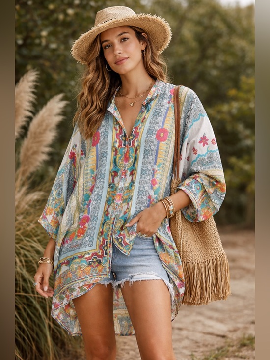 Johnny Was Tops - Johnny Was Silk Boho Tunic Blouse Oversized Floral Print Size S coastal boho #78